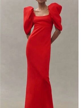 Mac Duggal Red Puff-Sleeve Evening Gown